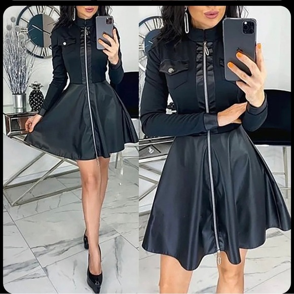[ CBR ] Black Longsleeve Fit & Flare w/Faux Leather Skirt : M - Picture 4 of 14